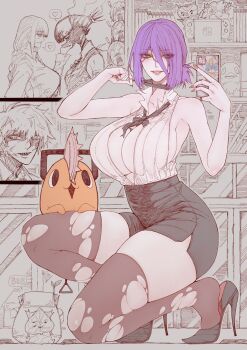  ! 1boy 5girls bare_shoulders between_breasts black_necktie black_pantyhose black_skirt blush braid braided_ponytail breasts chainsaw_man champion's_tunic_(zelda) commentary_request dated denji_(chainsaw_man) elizabeth_(gintama) gintama glasses green_eyes greyscale grin heart higashiyama_kobeni high_heels highres himeno_(chainsaw_man) holding holding_phone horns jun_wu_mo korok large_breasts link long_hair makima_(chainsaw_man) monochrome multiple_girls necktie nintendo nintendo_switch open_clothes open_mouth open_shirt pantyhose partially_colored pencil_skirt phone pochita_(chainsaw_man) ponytail power_(chainsaw_man) purple_hair red-framed_eyewear reze_(chainsaw_man) sharp_teeth shirt short_hair skirt sleeveless sleeveless_shirt smile spoken_heart spot_color surprised sweat teeth the_legend_of_zelda the_legend_of_zelda:_tears_of_the_kingdom 