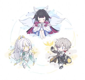  1boy 2girls aedon_(genshin_impact) bird black_hair blue_eyes blush_stickers braid brown_coat chibi chibi_only chinese_clothes closed_eyes closed_mouth coat colored_inner_hair columbina_(genshin_impact) commentary_request crescent crescent_hair_ornament dress earrings fur-trimmed_coat fur_trim genshin_impact grey_hair hair_between_eyes hair_ornament hair_ribbon head_wings highres holding holding_lantern holding_sword holding_weapon illuga_(genshin_impact) jewelry lantern long_hair long_sleeves multicolored_hair multiple_girls multiple_wings open_clothes open_coat pigumon purple_hair ribbon smile solid_oval_eyes streaked_hair sword twitter_username two-tone_hair weapon white_background white_dress white_hair white_ribbon white_wings wings yellow_bird yellow_eyes zibai_(genshin_impact) 