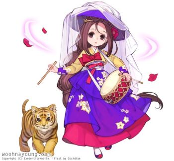  1girl beoseon brown_eyes brown_hair danghye drum drumsticks female_focus flower hair_flower hair_ornament hanbok instrument jeonmo korean_clothes korean_text long_hair nayoung_wooh petals pointy_footwear ribbon simple_background solo tiger 