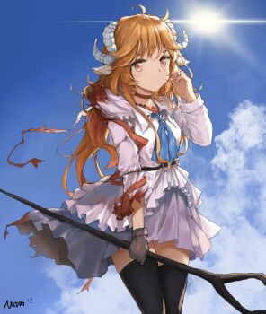  1girl animal_ears arknights belt belt_buckle black_belt black_gloves black_thighhighs blonde_hair blue_neckerchief blush brown_choker buckle chinese_commentary choker closed_mouth commentary curled_horns day eyjafjalla_(arknights) gloves grey_skirt hand_in_own_hair hand_up holding holding_staff horns looking_at_viewer neckerchief omuretu_(butterroru) outdoors pink_eyes pleated_skirt sheep_ears sheep_girl sheep_horns shirt single_glove skirt solo staff sun thighhighs torn_clothes torn_skirt white_horns white_shirt 