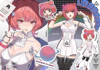  .akuma 1girl barcode bare_shoulders black_thighhighs blush breasts character_name cleavage commentary double_bun hair_bun hashtag-only_commentary highres jewelry leg_warmers looking_at_viewer motion_lines multiple_views open_mouth outline pink_eyes pink_hair ring shoes teeth thighhighs virtual_youtuber vspo! white_arm_warmers white_outline yumeno_akari 