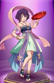  1girl anklet bare_shoulders barefoot barefoot_sandals bracelet breasts cleavage cup dress full_body hand_on_own_hip hiiragi_noa_(world_dai_star) jewelry large_breasts looking_at_viewer medium_breasts nail_polish necklace official_art purple_eyes purple_hair sakazuki short_hair smile solo standing toenail_polish toenails world_dai_star 