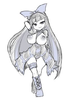  1girl 9rimson arm_behind_head between_breasts black_hair blue_boots blue_bow blue_dress blue_eyes blue_hair blunt_bangs boots bow breasts character_request clothes_between_exposed_breasts colored_inner_hair commentary_request copyright_request crossed_legs dress full_body hair_bow hatching_(texture) highres large_breasts linear_hatching long_hair looking_at_viewer multicolored_hair nipples parted_lips partially_colored ringed_eyes simple_background smile solo thigh_strap two-tone_hair white_background 