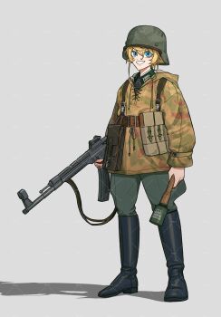  1girl absurdres assault_rifle black_boots blonde_hair blue_eyes boots camouflage camouflage_hoodie commentary commission cross english_commentary explosive full_body german_text green_helmet grenade grin gun helmet highres holding holding_grenade holding_gun holding_weapon hood hoodie iron_cross knee_boots mg_g pouch rifle smile solo stg44 stielhandgranate tanya_degurechaff watermark weapon youjo_senki 