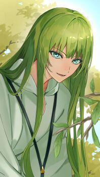  1other androgynous branch commentary_request day enkidu_(fate) fate/grand_order fate_(series) green_eyes green_hair highres hypnr9 long_hair looking_at_viewer open_mouth other_focus outdoors robe sky smile solo tree upper_body white_robe 