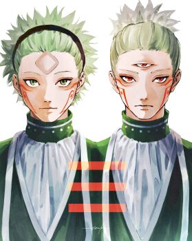  1boy 28cg absurdres closed_mouth commentary_request facial_tattoo green_eyes green_hair hair_pulled_back highres jujutsu_kaisen jujutsu_kaisen_modulo looking_at_viewer male_focus marulu_val_vol_yelvori multiple_views ponytail red_eyes red_tattoo simple_background tattoo third_eye upper_body white_background 