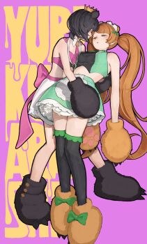  2girls absurdres animal_costume animal_ears animal_hands bare_shoulders bear_costume bear_ears bear_girl bear_paws black_hair black_thighhighs bow breasts brown_hair carrying carrying_person closed_eyes commentary_request copyright_name frilled_skirt frills full_body gloves green_bow green_shirt green_skirt highres kinakojojo leaning_back long_hair medium_breasts midriff multiple_girls paw_gloves paw_shoes purple_background shirt short_hair skirt thighhighs twintails unconscious yuri yuri_kuma_arashi yurigasaki_lulu yurishiro_ginko 