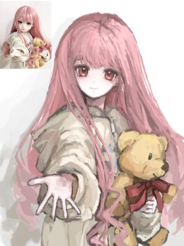  1girl aegyo_sal bow bowtie brown_eyes brown_jacket chinese_commentary closed_mouth clothes_writing commentary_request cowboy_shot dot_nose happy highres holding holding_stuffed_toy hood hood_down hooded_jacket jacket long_hair long_sidelocks long_sleeves looking_at_viewer nikki_(nikki) nikki_(series) offering_hand pink_hair puffy_long_sleeves puffy_sleeves red_bow red_bowtie reference_inset shadow shuimitaodamaichang sidelocks simple_background smile solo standing stuffed_animal stuffed_toy teddy_bear very_long_hair wavy_hair white_background zipper zipper_pull_tab 