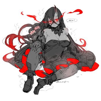  1girl battleship_water_oni black_boots black_dress black_hair black_thighhighs blush boots breasts cleavage detached_sleeves dress glowing glowing_eyes hand_on_own_knee highres horns kantai_collection light_frown long_hair looking_at_viewer medium_breasts oso_(toolate) panties red_eyes single_horn sitting solo strapless strapless_dress thighhighs underwear white_background white_panties 