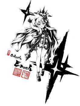  1girl absurdres arm_up black_gloves bow calligraphy_brush_(medium) commission enoch_(orkastle) full_body gloves greyscale hair_ornament highres link163353 long_hair monochrome open_mouth orkastle pixiv_commission simple_background sleeveless slippers solo 
