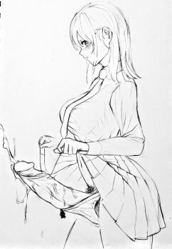  1futa blush bow bow_panties breasts cowboy_shot cum dress_shirt ejaculation erection futanari large_breasts large_penis lineart looking_at_viewer looking_to_the_side medium_hair miniskirt monochrome necktie original panties penis pleated_skirt pubic_hair school_uniform shirt sidelocks simple_background sketch skirt solo standing uncensored underwear veins veiny_penis victr_(pixiv16675324) white_background  rating:Explicit score:15 user:Zero3K15
