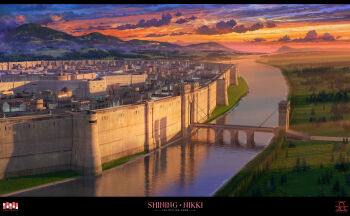 3d arsenixc battlement bridge building cityscape cloud cloudy_sky commentary commentary_request copyright_name defensive_wall drawbridge english_commentary european_architecture fir_tree fog forest highres hill landscape light_rays medieval military_vehicle mixed-language_commentary motor_vehicle nature nikki_(series) no_humans official_art orange_sky purple_sky reflection reflective_liquid river road scenery sentry shadow shining_nikki sky stone_wall sunbeam sunlight sunrise tank tank_turret tower town tree wall_lamp water