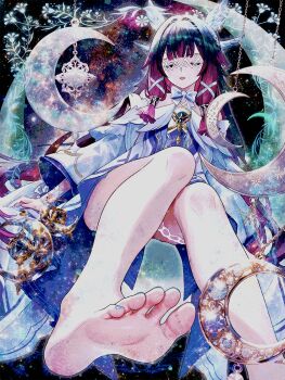  1girl barefoot black_hair blue_nails bow closed_eyes columbina_(genshin_impact) commentary_request crescent dress eye_mask facing_viewer feet foot_focus foot_out_of_frame from_below genshin_impact hair_ribbon head_wings highres long_hair mask miyashirokiyu multicolored_hair nail_polish open_mouth purple_hair ribbon sidelocks soles solo thigh_strap toenail_polish toenails two-tone_hair white_bow white_dress white_ribbon white_wings wings 