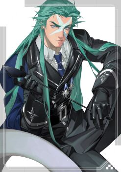 1boy aqua_eyes aqua_hair black_coat black_gloves black_pants bleach bleach:_zanpakutou_ibun_hen blue_necktie cape coat commentary expressionless facial_tattoo gloves highres hitsuran99 holding holding_riding_crop hyourinmaru male_focus medal military_uniform necktie pants riding_crop sitting solo tattoo thick_eyebrows two-sided_cape two-sided_fabric zanpakutou_(spirit)