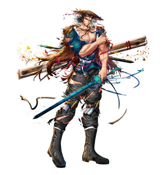  1boy absurdres bara black_hair boots brown_hair commentary_request facial_hair full_body glowing glowing_sword glowing_weapon hat highres holding holding_sword holding_weapon large_pectorals long_legs looking_at_viewer male_focus manly mature_male medium_hair muscular muscular_male original pants pectoral_cleavage pectorals recenama scar sheath shirt sideburns simple_background solo standing straw_hat stubble sword torn_clothes torn_pants torn_shirt weapon white_background 