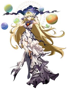  1girl absurdres adankelmo_(langrisser) adjusting_hair arms_up bare_shoulders big_hair black_boots black_gloves black_trim blonde_hair boots breasts closed_mouth crossed_legs dress dress_flower dress_ribbon floating floating_hair floating_object flower frilled_dress frills full_body galaxy game_cg gloves gradient_clothes gradient_dress hair_between_eyes hair_intakes hair_ornament hand_in_own_hair hands_in_own_hair highres impossible_clothes impossible_dress knee_boots langrisser langrisser_mobile layered_dress long_dress long_hair looking_at_viewer medium_breasts official_alternate_costume official_art orange_flower planet red_flower ribbon second-party_source side_slit simple_background skin_tight sky sleeveless sleeveless_dress smile solar_system solo space standing star_(sky) starry_sky tachi-e thighs torn_clothes torn_dress transparent_background tucking_hair very_long_hair white_dress white_ribbon yellow_flower 