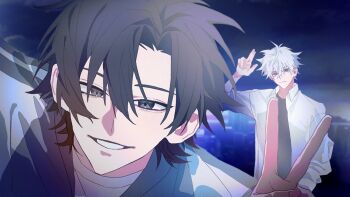  2boys arm_up black_eyes black_hair black_jacket black_shirt cheng_xiaoshi closed_mouth collared_shirt grin hair_between_eyes hand_up highres jacket long_sleeves looking_at_viewer lu_guang male_focus multicolored_jacket multiple_boys night open_clothes open_jacket open_shirt outdoors scene_reference shiguang_dailiren shirt short_hair smile un_2un un_tan undershirt upper_body v white_hair white_jacket white_shirt 