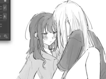  2girls art_program_in_frame blush cho_kaguya-hime! covered_face from_side greyscale hair_down hair_over_face highres kaguya_(cho_kaguya-hime!) light_frown looking_at_another mobudeshi monochrome multiple_girls pajamas sakayori_iroha shirt short_sleeves small_sweatdrop t-shirt yuri 