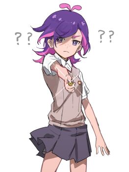 1girl ? ?? antenna_hair bright_pupils closed_mouth coin collared_shirt commentary_request copituji cosplay cowboy_shot dot_(pokemon) freckles glint highres long_hair misaka_mikoto misaka_mikoto_(cosplay) multicolored_hair nintendo pleated_skirt pokemon pokemon_(anime) pokemon_horizons shirt short_sleeves simple_background skirt solo toaru_majutsu_no_index two-tone_hair vest white_background white_pupils white_shirt rating:General score:3 user:danbooru