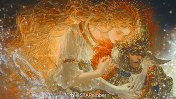  1boy 1girl armor beard blonde_hair breastplate closed_eyes closed_mouth covered_eyes dress elden_ring extra_arms eyelashes facial_hair frilled_sleeves frills gloves halo helmet highres hug hug_from_behind long_hair painterly parted_lips pauldrons red_hair shoulder_armor sparkle starember upper_body very_long_hair water watermark wavy_hair weibo_watermark white_dress white_gloves 