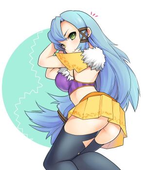  1girl anma arms_up ass black_thighhighs blue_hair blush breasts closed_mouth commentary_request crop_top feet_out_of_frame final_fantasy final_fantasy_crystal_chronicles fur_trim green_eyes hair_between_eyes large_breasts long_hair looking_at_viewer low-tied_long_hair miniskirt notice_lines pleated_skirt selkie skirt smile solo standing thighhighs thighs v-shaped_eyebrows very_long_hair yellow_skirt 