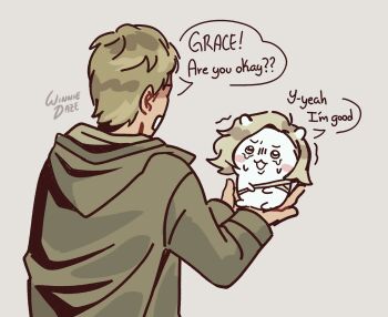  1boy 1girl artist_name bandages blonde_hair commentary english_commentary english_text ethan_winters grace_ashcroft highres holding jacket resident_evil resident_evil_requiem resident_evil_village scared signature tears winnie62123994 