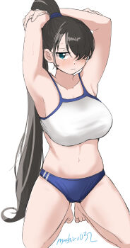  1girl armpits blue_buruma breasts brown_hair buruma commentary_request copyright_request ereka green_eyes hair_over_one_eye highres kneeling large_breasts long_hair ponytail simple_background tagme white_background 
