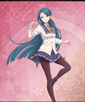  1girl black_pantyhose black_shoes blazer blue_eyes blue_sailor_collar blue_skirt blunt_ends breasts buttons dot_nose floral_background foot_out_of_frame game_cg hands_up jacket knee_up layered_sleeves long_hair long_sleeves looking_at_viewer official_art pantyhose parted_lips pink_background renpu_girls_school_uniform sailor_collar school_uniform shirt shoes skirt small_breasts solo standing standing_on_one_leg tassel teeth third-party_source toji_no_miko toji_no_miko:_kizamishi_issen_no_tomoshibi tsurime very_long_hair watanuki_kazumi white_jacket white_shirt 