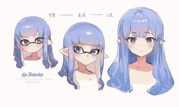  1girl blue_eyes blue_hair blush chinese_commentary chinese_text closed_mouth collarbone commentary_request expressionless highres inkling_girl inkling_player_character jinkoika long_hair looking_at_viewer nintendo pointy_ears simple_background solo splatoon_(series) tentacle_hair translation_request white_background 