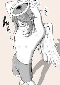  1boy angel angel_devil_(chainsaw_man) angel_wings arms_up brown_background chainsaw_man closed_eyes closed_mouth commentary_request halo highres hip_bones long_hair male_focus navel nipples shorts simple_background solo standing stretching tarutarodayo topless_male translated wings 