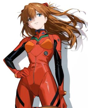  1girl blue_eyes bodysuit breasts brown_hair closed_mouth cowboy_shot curvy floating_hair hand_on_own_hip highres interface_headset_(evangelion) long_hair mecha_pilot_suit narrow_waist neon_genesis_evangelion plugsuit_(evangelion) red_bodysuit seeuagain5353 shiny_clothes simple_background solo souryuu_asuka_langley white_background 