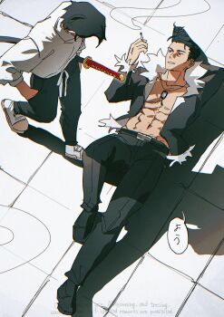  2boys abs arm_behind_head black_hair black_jacket black_pants breasts chromatic_aberration cigarette code3755 commentary_request dog_tags from_above fur-trimmed_jacket fur_trim hand_in_pocket highres holding holding_cigarette ishigori_ryu jacket jewelry jujutsu_kaisen lying male_focus multiple_boys necklace no_shirt okkotsu_yuuta on_back pants pompadour sheath sheathed smoke smoking sword watermark weapon 
