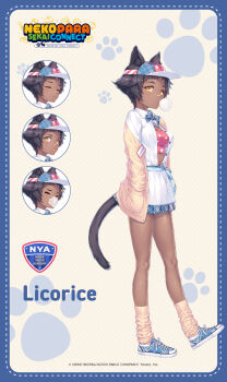  1girl animal_ears anime_coloring bandage_on_face bandage_on_nose bandages black_hair blowing_bubble_gum bow bowtie cardigan cat_ears cat_tail chewing_gum collared_shirt crop_top dark-skinned_female dark_skin expressionless leg_warmers licorice_(nekopara) looking_at_viewer loose_socks nekopara nekopara_sekai_connect official_art open_clothes open_shirt sayori_(neko_works) shirt shoes skirt smile sneakers socks standing tail visor_cap white_shirt white_skirt yellow_eyes 