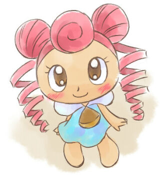 1girl barefoot blue_dress blush brown_eyes chibi double_bun dress drill_hair from_above glace_hime hair_bun long_hair looking_at_viewer looking_up pink_hair shinken-zemi sleeveless sleeveless_dress smile standing twin_drills white_background yamanokonza