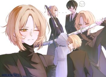  1girl 2boys arms_at_sides bishounen black_eyes black_gloves black_hair black_haori black_jacket black_necktie black_shirt black_sleeves blkspac3 blonde_hair closed_mouth collared_shirt dihui_star dress_shirt elbow_gloves fighting_stance fingerless_gloves fingernails gloves hands_up haori highres holding holding_sword holding_weapon hood hood_up hooded_robe index_(identity)_(project_moon) jacket japanese_clothes lapels limbus_company long_sleeves looking_at_viewer looking_back multicolored_hair multiple_boys multiple_girls necktie one_eye_closed ootachi ox_guard parted_bangs parted_lips pinky_(identity)_(project_moon) project_moon red_pupils robe shaded_face shirt sideways_mouth sinclair_(project_moon) smile split_mouth spoken_expression streaked_hair suit_jacket sweatdrop sword sword_tassel tassel tsurime turtleneck turtleneck_shirt twitter_username undershirt weapon white_background white_hair white_hood white_mouth white_robe white_shirt wide_sleeves wing_collar yellow_eyes yi_sang_(project_moon) 