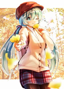  1girl aqua_eyes aqua_hair autumn_leaves backpack bag black_pantyhose cardigan commentary_request cowboy_shot hair_between_eyes hair_ribbon hat hatsune_miku leaf letterboxed long_hair looking_at_viewer mani_(manidrawings) one_eye_closed outdoors outline outside_border pantyhose pink_ribbon plaid_clothes plaid_skirt red_hat red_skirt ribbon shirt sidelocks skirt solo twintails very_long_hair vocaloid white_outline white_shirt yellow_cardigan yellow_leaves 