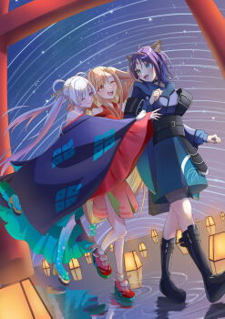  3girls :d ;d absurdres animal_collar animal_ears belt black_boots blue_eyes blue_hoodie blue_kimono boots cho_kaguya-hime! collar colored_extremities commentary_request crescent crescent_hair_ornament fingernails forehead_jewel fox_girl fumi_(jwuf4335) fushi_(cho_kaguya-hime!) green_eyes grin hair_ornament hair_rings hair_stick hand_on_another's_shoulder highres hood hoodie japanese_clothes kaguya_(cho_kaguya-hime!) kimono lantern long_hair lop_rabbit_ears medium_hair multiple_girls nail_polish one_eye_closed open_mouth orange_eyes paper_lantern purple_hair rabbit_ears red_kimono round_teeth runami_yachiyo sakayori_iroha sea_slug sidelocks smile socks star_(sky) star_trail teeth torii twintails very_long_hair walking water white_socks 