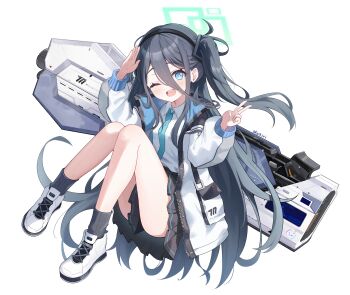 1girl absurdres aqua_necktie aris_(blue_archive) artist_name black_hair black_hairband black_skirt black_socks blue_archive blue_eyes blush collared_shirt commentary exusiai_dust full_body gun hair_between_eyes hairband highres jacket knees_up legs long_hair long_hair_between_eyes long_sleeves looking_at_viewer miniskirt necktie one_eye_closed one_side_up open_clothes open_jacket open_mouth pleated_skirt salute shirt shoes skirt smile sneakers socks solo v very_long_hair weapon white_jacket white_shirt white_shoes rating:Sensitive score:3 user:danbooru