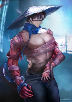 1boy alternate_costume animal_on_arm artist_name baggy_pants bandaged_arm bandaged_chest bandaged_hand bandages bara bare_pectorals bare_shoulders beard_stubble black_pants blue_eyes blue_scarf blurry blurry_background brown_hair chest_sarashi closed_mouth colored_extremities colored_skin cowboy_shot depth_of_field expressionless eyepatch facial_hair feet_out_of_frame from_side glowing glowing_eyes gregor_(project_moon) haramaki hat heishou_pack-si_branch_(identity)_(project_moon) japanese_clothes jingasa large_pectorals limbus_company long_hair looking_at_viewer looking_to_the_side male_focus manly mature_male multicolored_skin muscular muscular_male nipples official_alternate_costume one_eye_covered outdoors pants parted_bangs pectorals photoshop_(medium) power_lines project_moon purple_hands purple_scales purple_skin sarashi sash scale_print scales scarf short_hair sky snake snake_on_shoulder solo standing stomach stubble sweat topless_male twitter_username two-tone_skin utility_pole uyouu19 veins wet