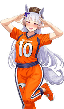 1girl :d absurdres animal_ears artist_request bow commentary denver_broncos english_commentary gold_ship_(umamusume) hair_bow highres hime_cut horse_ears horse_girl horse_tail long_hair looking_at_viewer open_mouth orange_pants orange_shirt orange_shoes pants pillbox_hat purple_bow purple_eyes purple_hair second-party_source shirt shoes short_sleeves simple_background smile sneakers solo tail umamusume white_background 