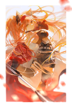  1girl angelina_(arknights) angelina_(distinguished_visitor)_(arknights) animal_ear_fluff animal_ears arched_back arknights backlighting bare_shoulders belt belt_buckle belt_pouch black_gloves black_thighhighs black_unitard blurry border breasts buckle closed_mouth depth_of_field floating_hair fox_ears fox_girl gloves hairband headgear highres holding holding_staff leg_up long_hair long_sleeves looking_at_viewer looking_back medium_breasts motion_blur multiple_belts multiple_thigh_straps off_shoulder orange_eyes orange_hair over-kneehighs pouch puffy_long_sleeves puffy_sleeves red_hairband sideways_glance sleeveless smile solo staff thigh_strap thighhighs twintails twisted_torso uffie unitard very_long_hair warm_colored white_belt white_border 