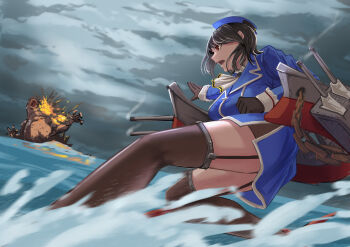 1girl absurdres beret black_gloves black_hair black_thighhighs blue_hat breasts cannon crossover explosion garter_straps giant giant_monster gloves godzilla godzilla_(minus_one) godzilla_(series) godzilla_minus_one hat highres kaiju kantai_collection large_breasts lili_(egas4455) military_uniform ocean open_mouth outdoors red_eyes rigging ship_turret short_hair takao_(kancolle) thighhighs toho_(movie_company)