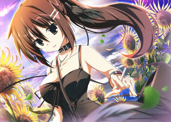  1girl absurdres black_choker black_dress black_ribbon bracelet breasts brown_eyes brown_hair choker cigarette cleavage commentary_request cross cross-laced_clothes cross-laced_dress cross_necklace dress dutch_angle feather_hair_ornament feathers field fingernails flower flower_field gradient_sky hair_between_eyes hair_ornament hairclip highres holding holding_cigarette jewelry large_breasts leaf long_hair looking_at_viewer minakami_yuki necklace outdoors parallel_hairclips parted_lips ponytail ribbon sky sleeveless sleeveless_dress solo spaghetti_strap subarashiki_hibi sukonbu385 sunflower sunflower_field upper_body 