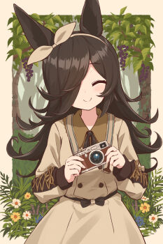 1girl animal_ears black_bow black_hair black_ribbon blue_flower border bow brown_bow brown_dress camera closed_eyes closed_mouth commentary_request cowboy_shot cross-laced_clothes cross-laced_sleeves day dress facing_viewer flipped_hair flower grass hair_bow hair_over_one_eye hairband highres holding holding_camera horse_ears horse_girl long_hair long_sleeves mikuru_ism nature neck_ribbon one_eye_covered outdoors outside_border parted_bangs purple_flower ribbon rice_shower_(casual)_(umamusume) rice_shower_(umamusume) smile solo swept_bangs tree umamusume white_border white_flower yellow_flower 
