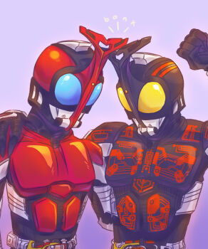2boys armor beetle beetle_horn belt black_armor blue_eyes bonk bug clash clone fist_raise fist_up hand_on_another's_shoulder helmet insect kamen_rider kamen_rider_dark_kabuto kamen_rider_kabuto kamen_rider_kabuto_(series) male_focus mask masked masked_male multiple_boys pandorasbugs red_armor red_line red_markings rhinoceros_beetle sound_effects yellow_eyes