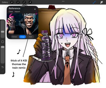  1boy 1girl black_gloves bottle braid brown_necktie danganronpa:_trigger_happy_havoc danganronpa_(series) gloves hair_ribbon highres holding holding_bottle jacket kirigiri_kyoko looking_at_viewer mk_mikioo necktie open_clothes open_jacket open_mouth purple_jacket real_life reference_inset ribbon shaded_face side_braid solo_focus tagme white_background 