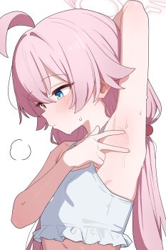  1girl absurdres ahoge arm_behind_head armpits bikini blue_archive blue_eyes blush closed_mouth halo heterochromia highres hoshino_(blue_archive) hoshino_(swimsuit)_(blue_archive) loli long_hair official_alternate_costume pink_hair saho_4545 simple_background solo sweat swimsuit upper_body white_background white_bikini white_halo yellow_eyes 