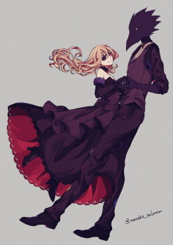  1boy 1girl animal_head bird_boy black_choker black_dress black_gloves black_skin black_vest blonde_hair caron_(higyaku_no_noel) choker colored_skin demon_boy dress eyepatch frills gloves highres higyaku_no_noel holding_hands jacket long_hair nanoko noel_cerquetti red_eyes smile spoilers vest 