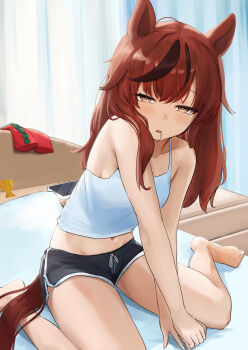  1girl absurdres animal_ears black_hair black_shorts blush breasts brown_eyes brown_hair camisole commentary_request dolphin_shorts drooling highres horse_ears horse_girl horse_tail long_hair looking_at_viewer miyama_mizuki_(hoshihoshi1220) multicolored_hair navel nice_nature_(umamusume) on_bed open_mouth pillow short_shorts shorts sitting small_breasts solo spaghetti_strap streaked_hair tail thighs umamusume waking_up wariza white_camisole 