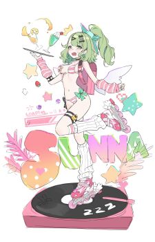  1girl ^^^ alternate_costume aqua_nails bandaid bandaid_hair_ornament bandaids_on_nipples bikini black_choker blush breasts character_name choker cocktail cocktail_glass collarbone commentary cup dang_geun23283 drinking_glass food fruit full_body green_eyes green_hair hair_ornament heart highres holding holding_tray leg_up leg_warmers looking_at_viewer multicolored_bikini multiple_hair_clips multiple_thigh_straps navel open_mouth pasties pink_bag pink_bikini ponytail roller_skates simple_background skates small_breasts solo standing standing_on_one_leg star_(symbol) stomach strawberry striped_bikini striped_clothes sunna_(zenless_zone_zero) sweatdrop swimsuit thigh_strap tray two-tone_bikini unfinished white_background white_bikini white_leg_warmers white_wings winged_bag wings zenless_zone_zero 